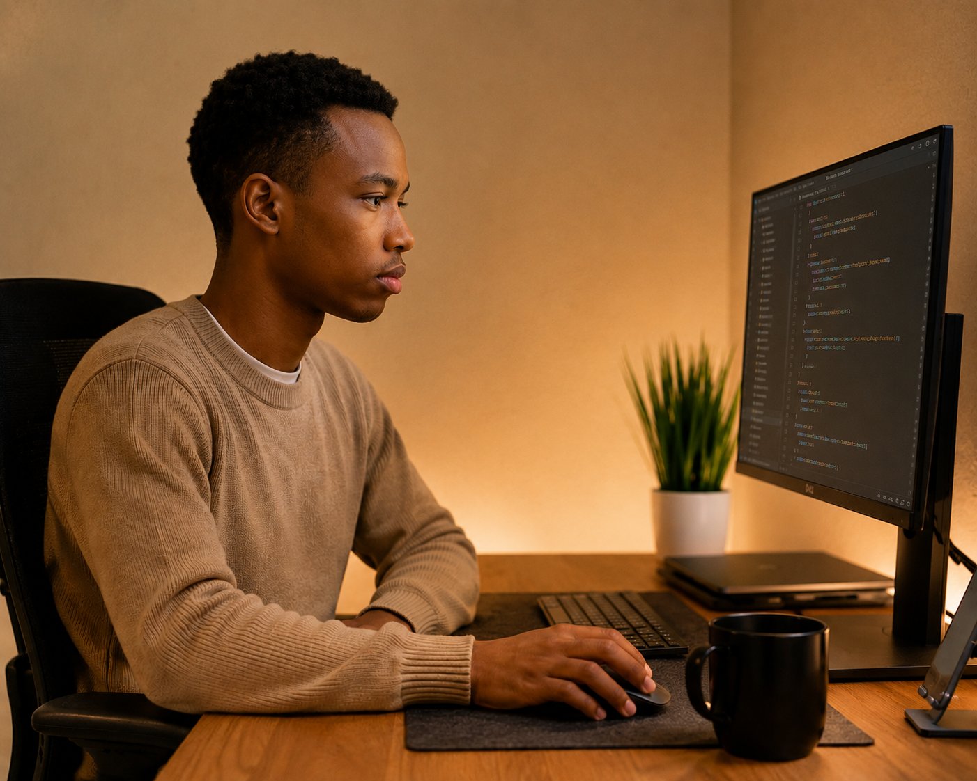Victor Muthomi working at a development workstation